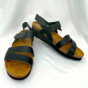 NAOT Women’s Kayla Sandal 36/6 Black Leather Hook Loop Closure Strappy